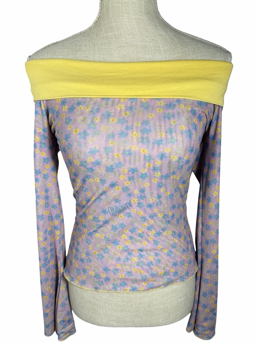 Omighty Yellow & Purple Floral Retro Groovy Mesh Long Sleeve Top
